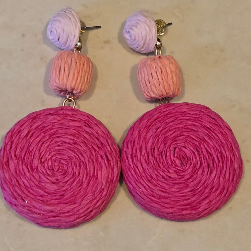 Pink Ombre Raffia Triple Drop Statement Earrings Woven Straw Dangle Post Backs